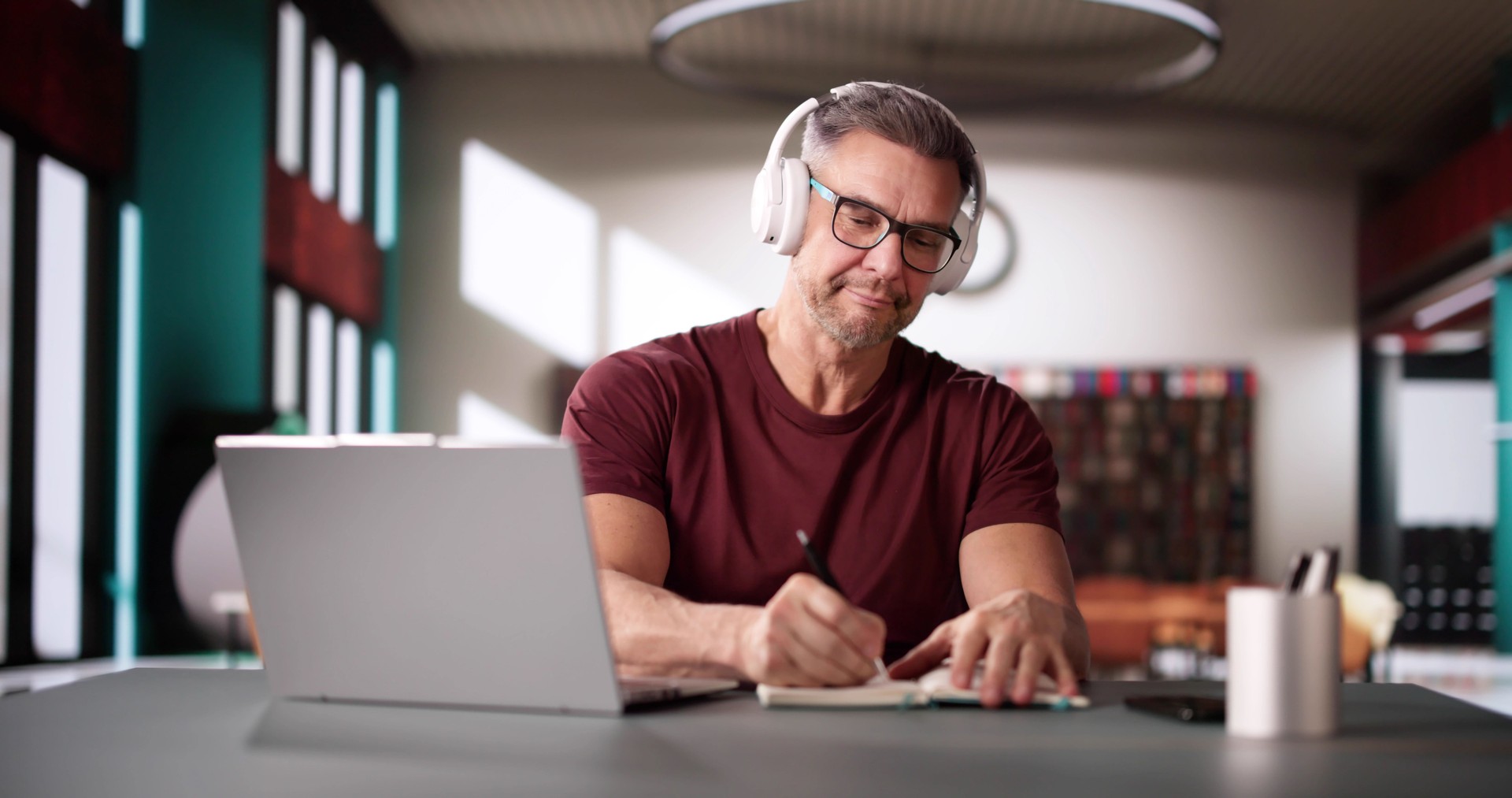 Online Virtual Webinars On Laptop Computer. Happy Man